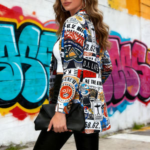 Hot sale on Temu Womens Graffiti Print Open Front Blazer Stylish Casual <b>Long</b> Sleeve Lapel Collar <b>Cardigan</b> Jacket for Daily - Product Image 4