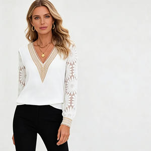 Oferta en Temu: Blusa Elegante de Encaje con Cuello en V para Mujer, Estilo Casual y Holgado, Ideal para Oficina, Fiestas, Vacaciones y Primavera - Product Image 2