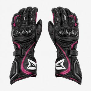 Gants de course en cuir noirs et roses à doigts entiers avec protection des articulations en fibre de carbone, respirants et à sangle de poignet réglable pour la conduite - Product Image 1