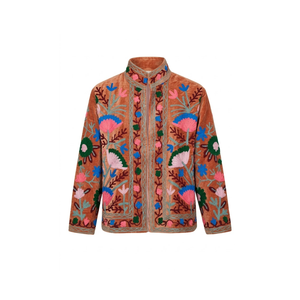 Chaqueta Bomber de Terciopelo Marrón con Bordado |   Blusa Floral con Cuello Mao para Mujer, Prenda Casual Hecha a Mano, Obra Maestra con Forro de Algodón - Product Image 1