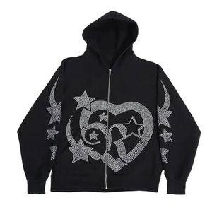 Sweat à capuche zippé noir 2026 orné de strass et de cristaux, en coton lavé 100 %, coupe décontractée unisexe, style streetwear - Product Image 1