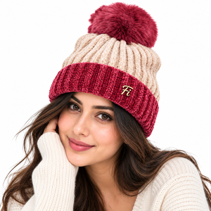 Wholesale Color <b>block</b> Pompom Beanie Unisex Chunky Knit Winter Hat Custom Metal Badge Ribbed Cuff Fashion Warm Cap B2B Supplier - Product Image 1