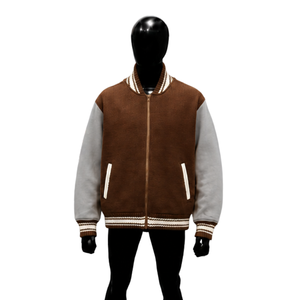 Custom <b>Brown</b> <b>Wool</b> Varsity Jacket With Light Grey Sleeves Premium Quality Baseball Bomber Jacket For Men Women Wholesale Letter - Product Image 1