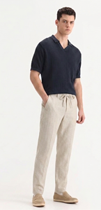 Enovate Stripped Lenin Men's Mid Waist Lightweight Breathable Summer <b>Trousers</b> with <b>Drawstring</b> Closure SLT 01 ODM - Product Image 1