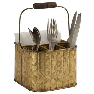 Portautensilios Rústico Vintage de Metal Galvanizado con 3 Compartimentos y Asa de Madera para Encimera de Cocina - Product Image 1