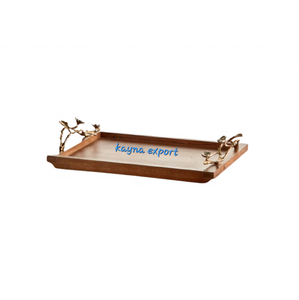 Plateau en bois d'acacia de luxe personnalisé plateau de service en bois pour collation, café et nourriture avec poignée en métal doré plateau de cadeau de mariage et de Noël - Product Image 2