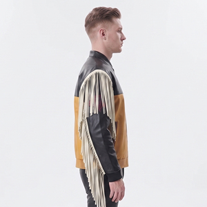 Vestes en cuir à franges pour hommes avec fermeture éclair, vestes en cuir à franges pour hommes avec col montant, veste en cuir véritable à franges tendance pour hommes - Product Image 3