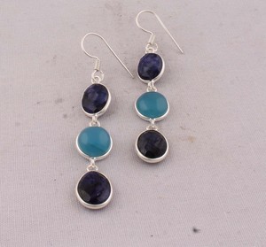 Artisan Lapis Lazuli Blue Chalcedony <b>Dangle</b> <b>Earrings</b> 925 <b>Silver</b> Two-Tiered Faceted Multi-Gemstone <b>Earrings</b> Manufacturer - Product Image 3