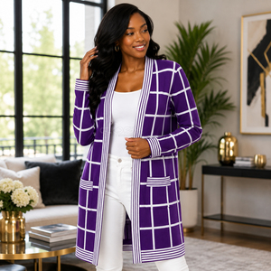 Cosh International Sorority Sisterhood Acrylic <b>Purple</b> Plaid Knitted Long <b>Cardigan</b> Anti Pilling Office <b>Cardigan</b> Design - Product Image 3