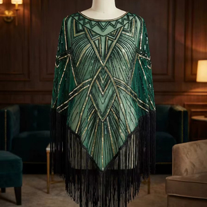 เสื้อแฟลปเปอร์วินเทจยุค 1920 แบบเปิดไหล่ ประดับลูกปัดและเลื่อม พร้อมพู่ห้อยยาว ผลิตจากโพลีเอสเตอร์ 100% เป็นมิตรต่อสิ่งแวดล้อม ระบายอากาศได้ดี ขายส่ง - Product Image 1