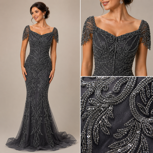 Vestido de Noche Largo Gris Sirena Moderno y Lujoso con Bordado de Cuentas y Manga Corta de Tul |   Ropa Elegante para Fiesta para Mujer OEM - Product Image 5