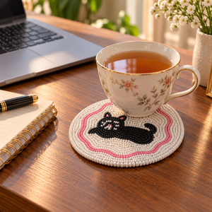 Stylish Glass <b>Beaded</b> Black Cat <b>Coaster</b> for Dining Table | Decorative Round Drink Mat for Kitchen Home Decor Tabletop Accessories - Product Image 2