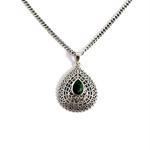 <b>Emerald</b> Agate 925 Silver Unique Textured <b>Pendant</b> with Teardrop Shape Unisex Everyday Wear - Product Image 2