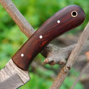 Couteau de chasse utilitaire d'extérieur à lame fixe en acier Damas fait main, haute durabilité, manche en bois, étui en cuir, garantie de 3 ans - Product Image 4