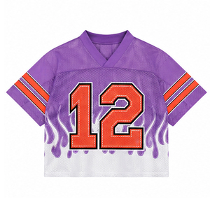 เสื้อฟุตบอลอเมริกันแบบตาข่ายหมายเลข 12 สีม่วงสีส้ม เสื้อผ้ากีฬาทีมชายแขนสั้นระบายอากาศได้ดี คอกลม ทรงหลวม - Product Image 1