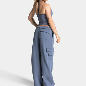<b>Women's</b> Loose Fit <b>Cargo</b> Sweatpants Solid <b>Blue</b> Fleece Drawstring Waist Elastic Comfortable Casual Pants Full Length - Product Image 3
