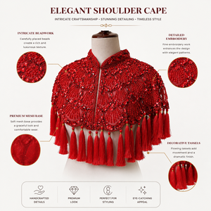 Elegante Capa Roja de Malla con Borlas y Adornos, Cubre Hombros Decorativo con Cuentas para Vestido de Novia, Vestido de Noche y Estilismo de Moda - Product Image 6