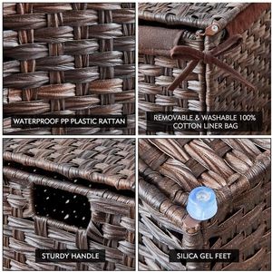 Cesto Portabiancheria in Rattan Sintetico Intrecciato a Mano con Coperchio Pieghevole, Manici e Fodera Rimovibile, Cesto Divisorio per Vestiti - Product Image 3