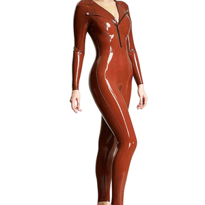 Combinaison longue marron en PU pour femme, manches longues, col en V, fermeture éclair, taille haute, coupe ajustée, tenue de club - Product Image 1