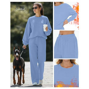 Conjunto de 2 Piezas para Mujer, Sudadera con Forro Polar, Top de Cuello Redondo, Pantalones Anchos, Chándal Informal y Cómodo - Product Image 5