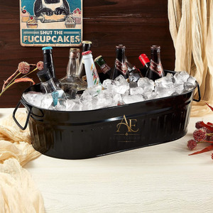 Matte Black Oval Galvanized Steel <b>Ice</b> Bucket With Wire Side Handles Ribbed Party Wine, Beer Chilling Beverage Tub For Serving - Product Image 1