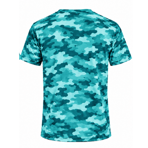 T-shirt camouflage bleu sarcelle pour homme, manches courtes, col rond, imprimé camouflage, sport, gym, entraînement, course à pied, performance, vêtements de sport légers - Product Image 2