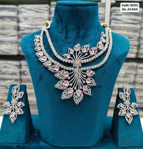 Elegant All-White Leaf Bouquet AD Accented <b>Statement</b> <b>Necklace</b> Set with Earrings Set For Women - Product Image 3