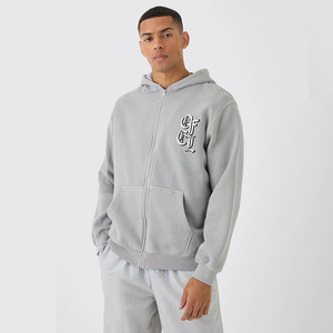 OEM Regular Fit Grey Zipper Hoodie Custom Puff Printing High Quality 100% Cotton Fleece Anti-Wrinkle Breathable Embroidered - Product Image 1