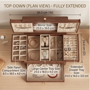 Wood Jewelry <b>Box</b> With 2 Drawers Dustproof Storage Organizer For Necklaces <b>Earrings</b> Bracelets - Product Image 3