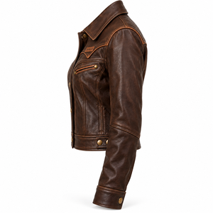 Custom Womens Brown Vintage Western Genuine Leather Jacket Distressed Biker Outerwear Slim Fit OEM Snap <b>Button</b> <b>Coat</b> Retro - Product Image 4