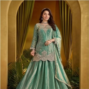 Ensemble Sharara indien traditionnel vert pour femmes, broderie ethnique, Georgette, Salwar Kameez, tenue de fête - Product Image 1