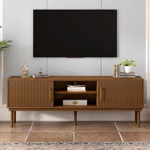 Mirod elegante supporto TV porte scorrevoli salvaspazio Design verticale a righe robusto in legno massello gambe versatili Console TV laterale - Product Image 1
