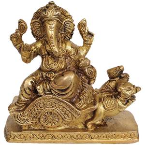 Idole de Ganesha de 4 pouces faite à la main sur chariot de souris en sculpture en laiton de l'Inde pour les cadeaux - Product Image 1