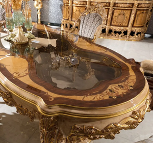 Ensemble de table à manger ovale en teck doré royal de luxe, style européen classique, sculpté, écologique, meubles de salle à manger pour hôtel, fabriqué en Indonésie - Product Image 5