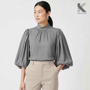 OEM Women Blouse 100% Lyocell Shirt 235 GSM Elegant Puff Sleeve <b>Mock</b> <b>Neck</b> Casual Lady <b>Top</b> - Product Image 1