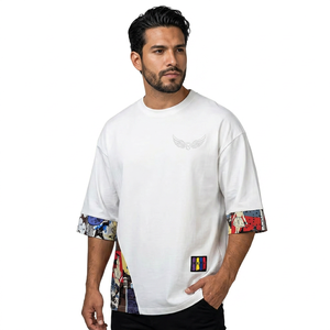 Oversized White Half Sleeve T-<b>Shirt</b> With <b>Patchwork</b> Print And Wing Logo Street Style Men's Casual Wear - Product Image 2