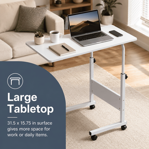 Rolling <b>Laptop</b> <b>Table</b> with Height <b>Adjustable</b> Wheels Removable Baffle Panel White Large 31.5 X 15.75 in MDF Home Office Desk - Product Image 4