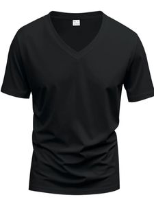 T-shirt noir à col en V pour hommes, t-shirt en coton à manches courtes, streetwear décontracté - Product Image 3