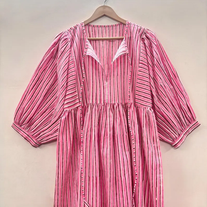 Vestido Casual Midi de Algodón Tejido con Estampado Floral para Mujer, Mangas Abullonadas, Cintura Imperio, Estilo Babydoll, Cuello en V, Corte Holgado - Product Image 3