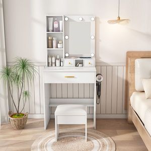 "European-Style Vanity Table Mirror Adjustable LED Lights Power Outlet Hairdryer Holder Compact <b>Dressing</b> Desk for Small Spaces" - Product Image 3