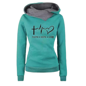 เสื้อสเวตเตอร์มีฮู้ดสีเขียวอมฟ้าสำหรับผู้หญิง พิมพ์ลาย Faith Hope Love แขนยาว ถักทอแบบสวมหัว สวมใส่สบายๆ ในฤดูใบไม้ร่วง - Product Image 1