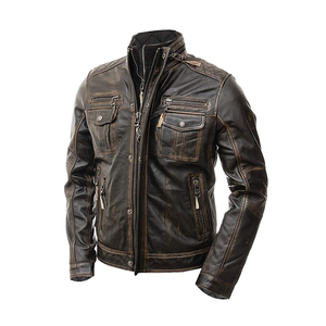 Blouson moto en cuir véritable marron pour homme, col rabattu, fermeture éclair, coupe ajustée, longueur standard, couleur unie, style motard, automne - Product Image 3