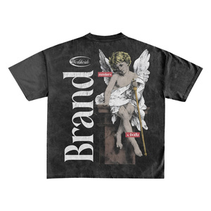T-shirt noir à manches courtes pour homme, personnalisé, délavé à l'acide, avec imprimé graphique ange, coupe droite, col rond, style décontracté, coupe ample - Product Image 3