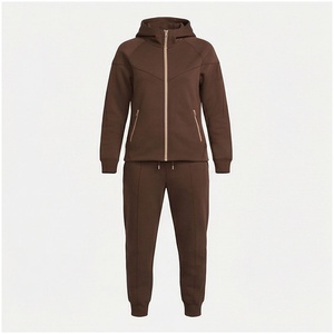 Women <b>Brown</b> Hooded Tracksuit Set Full Zipper Side Pockets Casual Sweatshirt <b>Jogger</b> Pants Autumn Midweight Polyester Solid Color - Product Image 1