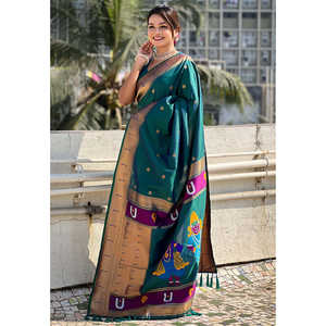 Green Zari Woven Vitthala God Traditional Paithani Silk Saree Special <b>Indian</b> & <b>Pakistani</b> <b>Clothing</b> 650g Elite Weaves - Product Image 1