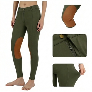 Women <b>High</b> Waist Riding Tights Full Length Olive Green With Brown <b>Knee</b> Patches Button Fly Four-Way Stretch Equestrian Pants - Product Image 1