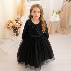 ชุดราตรีเด็กผู้หญิง แขนยาว คอวี ผ้ากำมะหยี่สีดำหรูหรา ปักเลื่อม ประดับด้วยผ้าเน็ตเนื้อนุ่ม สไตล์เจ้าหญิง สำหรับงานเลี้ยงตอนเย็น ขายส่ง รับผลิตแบบ OEM ODM - Product Image 6