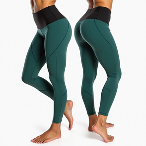 Leggings de yoga mi-longue simples pour femme, vert et noir, avec coutures contrastées, sans couture, extensibles dans quatre directions, séchage rapide, écologiques, pour le sport - Product Image 2