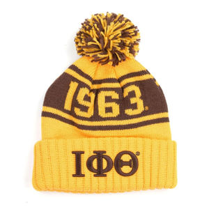 Iota Phi Theta 1963 Knit Beanie Hat Brown and Gold Winter Pom Cuff Cap Greek Life Fraternity Cold Weather Headwear - Product Image 1