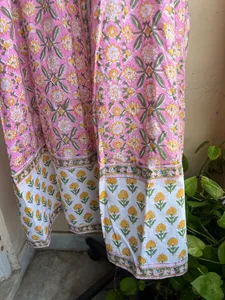 Indian 100% Cotton Floral Flock Print <b>Adjustable</b> Straps <b>Square</b> Collar Floor-Length Dress Pink Yellow - Product Image 3
